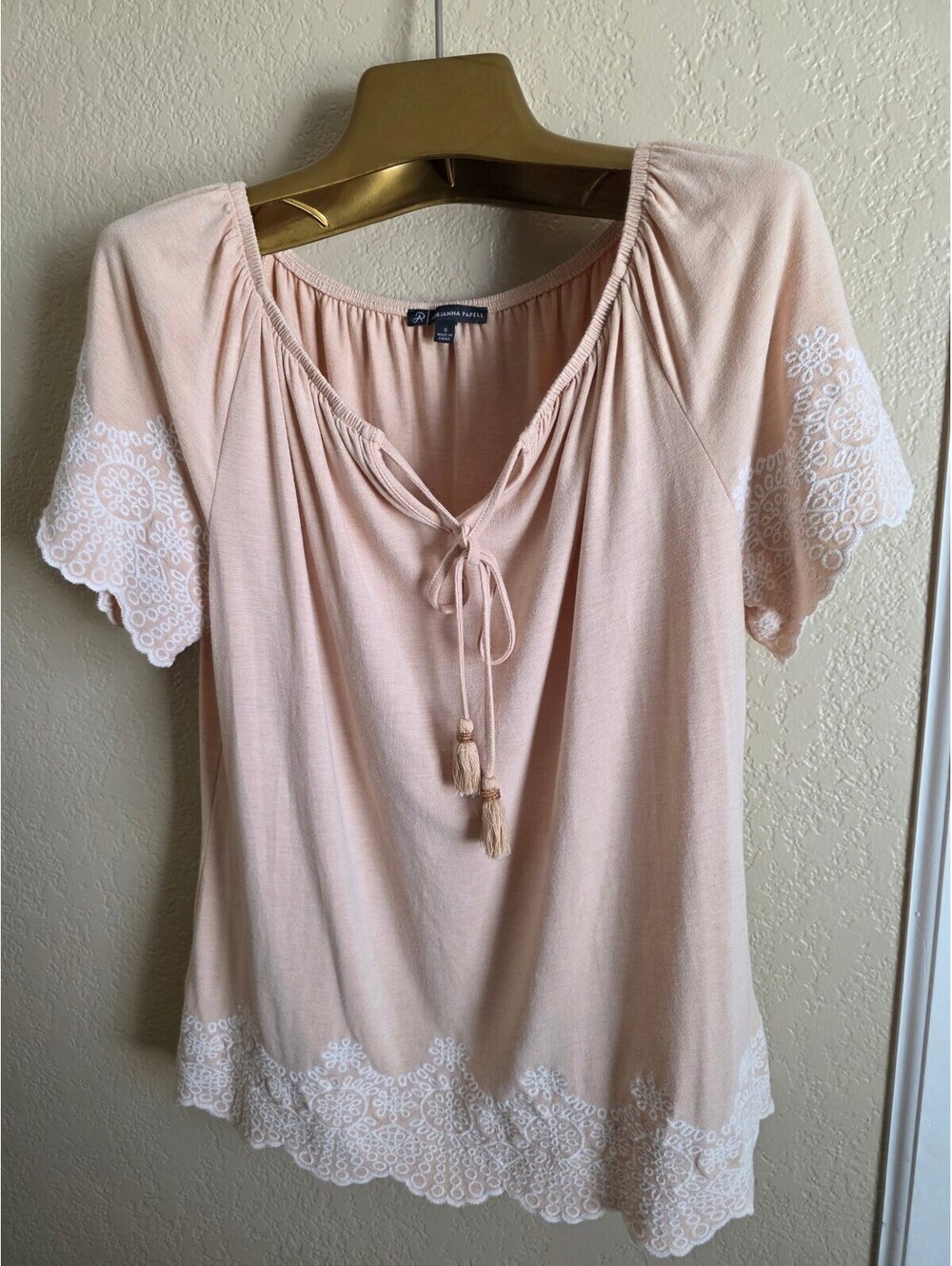 Adrianna Papell Boho Peach Lace Trim Blouse with Tassel Tie Size Small
